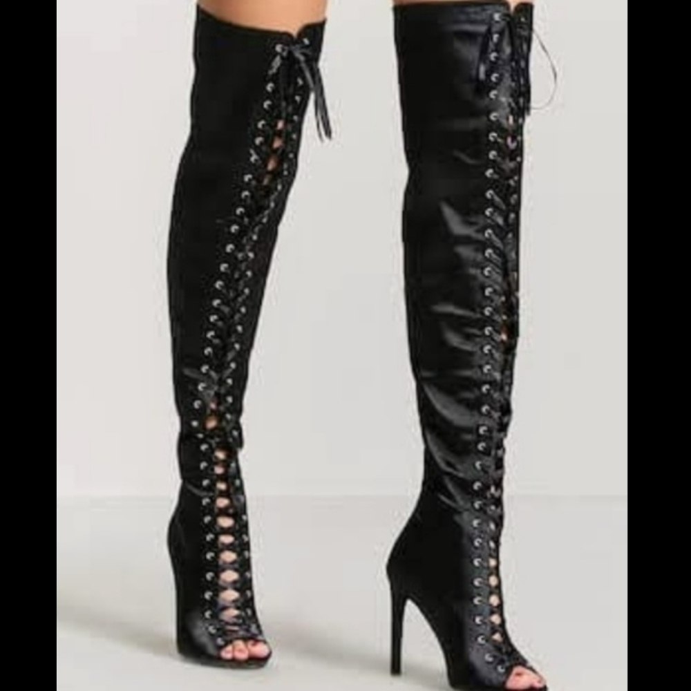 Black Lace-Up Over-the-Knee Stiletto Boots - Women